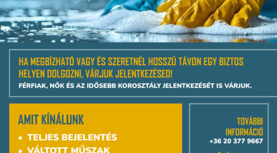 Takarító munkatársat keres a V8